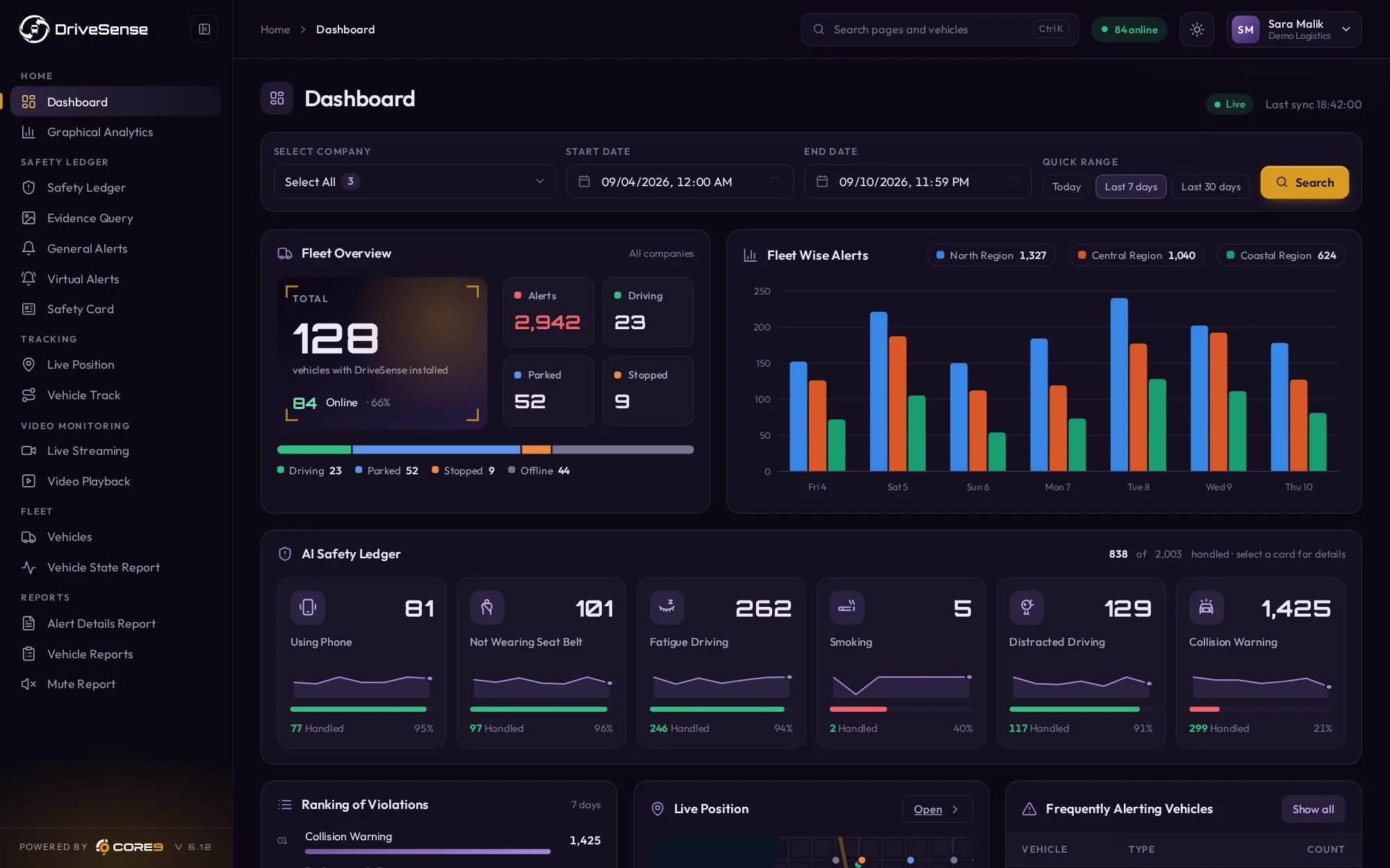 The DriveSense portal dashboard showing fleet overview, fleet-wise alerts and the AI safety ledger